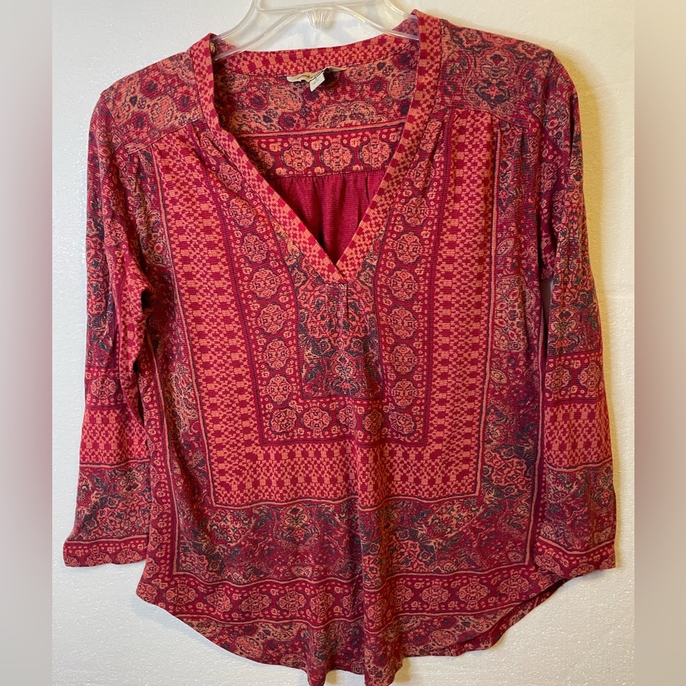 Lucky Brand Border Print Bright Rose Multi Patterned Blouse Top (Size Small)